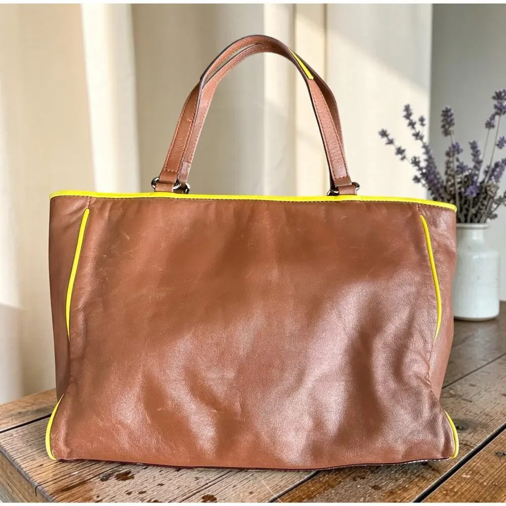 Kate Spade Soft Leather Shoulder Bag Cognac Brown yellow Trim GUC